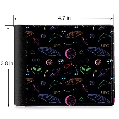 (Ufo And?Cosmic Objects On A Dark Background Front Pocket Slim Bifold Leather Wallet RFID Blocking with ID Window for Men2