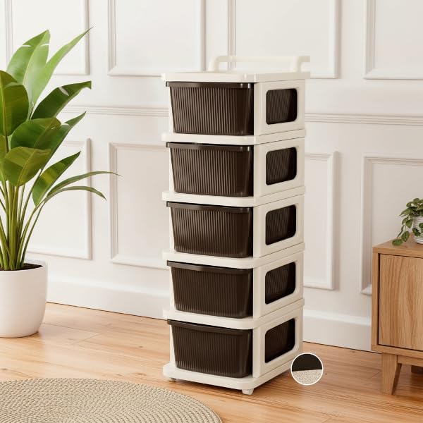 Image of KITCHIVO Heavy Duty Plastic Storage Drawer with Wheels | Modular Cabinet for Bedroom, Office, Home or Classroom| Chest of Drawers Organiser for Cosmetics, Kitchen items, Toys (Brown, 5)