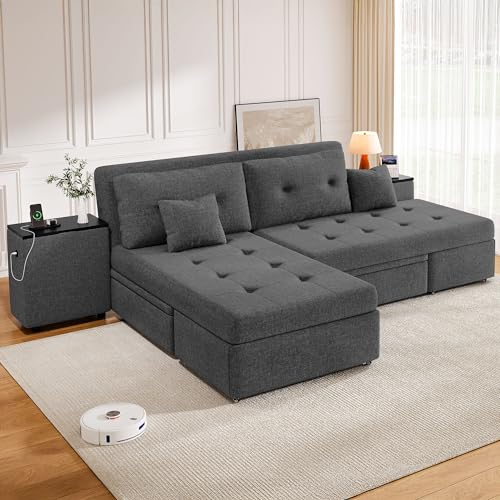 DWVO Queen Size Sofa Bed, 5-in-1 Multi-functional Convertible Sleeper Sofa with 2 Storage Cabinet Nightstand & USB Ports, 100" Sectional Sofa Couch with 2 Comfy Pillows for Living Room Apartment, Grey