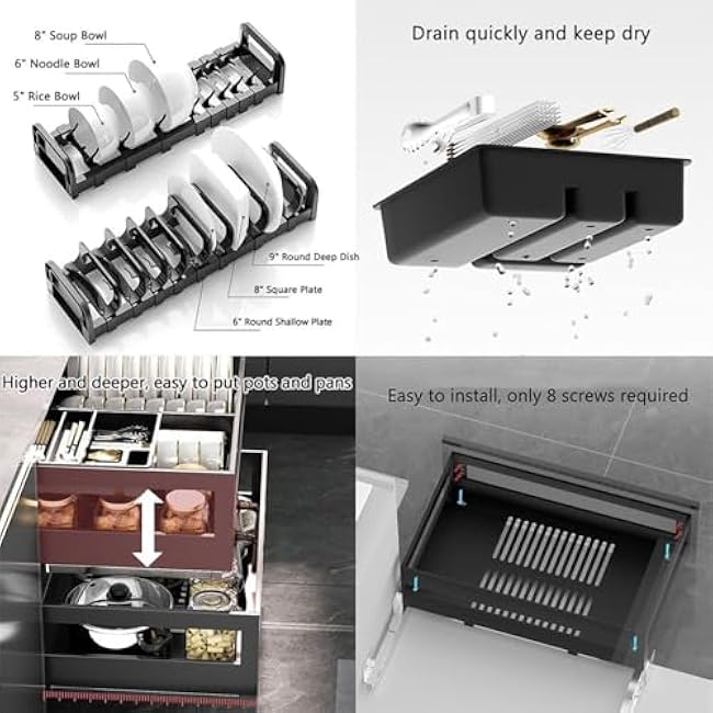 Heavy-Duty Stainless Steel Pull Out Cabinet Organiser, Adjustable Width 52-82cm,30kg Weight Capacity, 2 Drain Pans, Storage for Pots,Pans & Toiletries