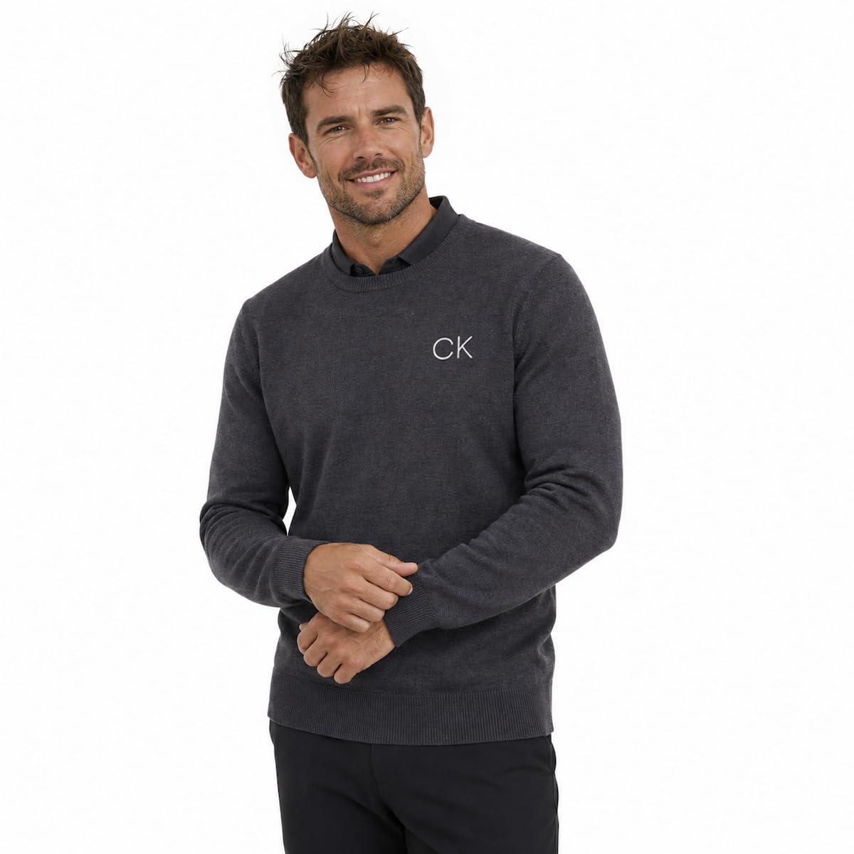 Calvin Klein Męski sweter golfowy z okrągłym dekoltem - Stalowoszary - 4XL