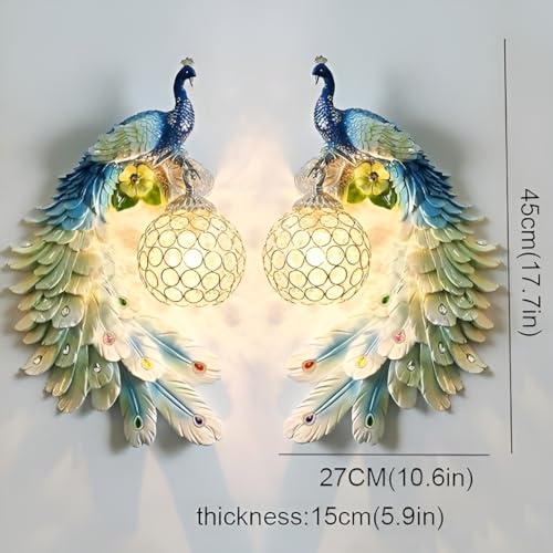 Image of Modern Peacock Wall Sconce | Resin Decorative Wall Lamp and Crystal Accents | European Retro Style Wall Light for Home Decor | Multicolour | Bulb Not Included