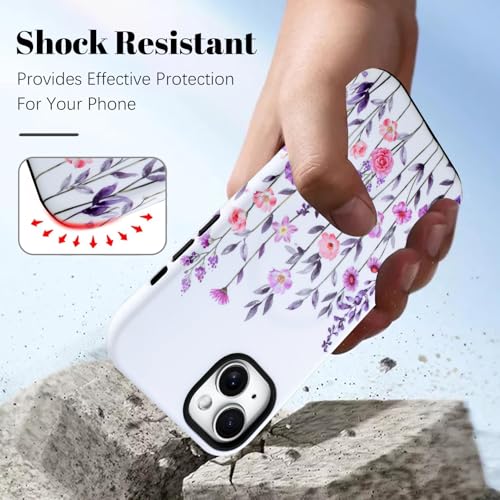 Image of Magnetic for iPhone 15 Plus Case for Women Girl, Floral White | Stylish Flower Pattern Design [Compatible with MagSafe] 2-Layer Hybrid Shockproof Glossy Protective Cover