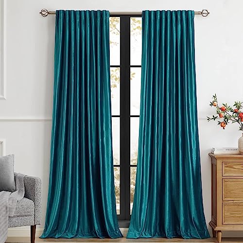 Image of PRIMROSE Teal Velvet Curtains 72 inches Long for Living Room,Luxury 2 Panels Room Darkening Rod Pocket Back Tab Curtain Elegant Thermal Insulated Heavy Soundproof Decorative Window Drapes for Bedroom