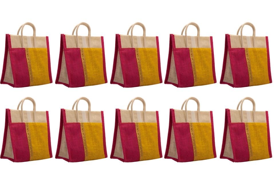 Soman Jute Thamboolam Bags for Return Gifts Lime Yellow and Hot Pink Combo - Pack of 10 bags