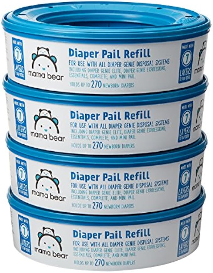 Amazon Brand - Mama Bear Diaper Pail Refills for Diaper Genie Pails, 1080 Count (4 Packs of 270 Count)