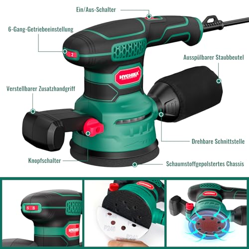 HYCHIKA 450W Ponceuse Orbitale, Six Vitesses de 6000 à 12000 OPM, Système de Dépoussiérage Efficace, Papier de Verre à 8 trous 20PCS, idéal pour le Ponçage des Produits en Bois et plus encore – Image 4