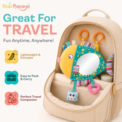 Image of Peek-a-Boo Fish Plush Stroller Toy with Baby-Safe Mirror | Colorful Hanging Sensory Rattle with C-Clip for Crib | Washable Interactive Tummy Time Soft | Pram & Car Seat Toys for Toddlers