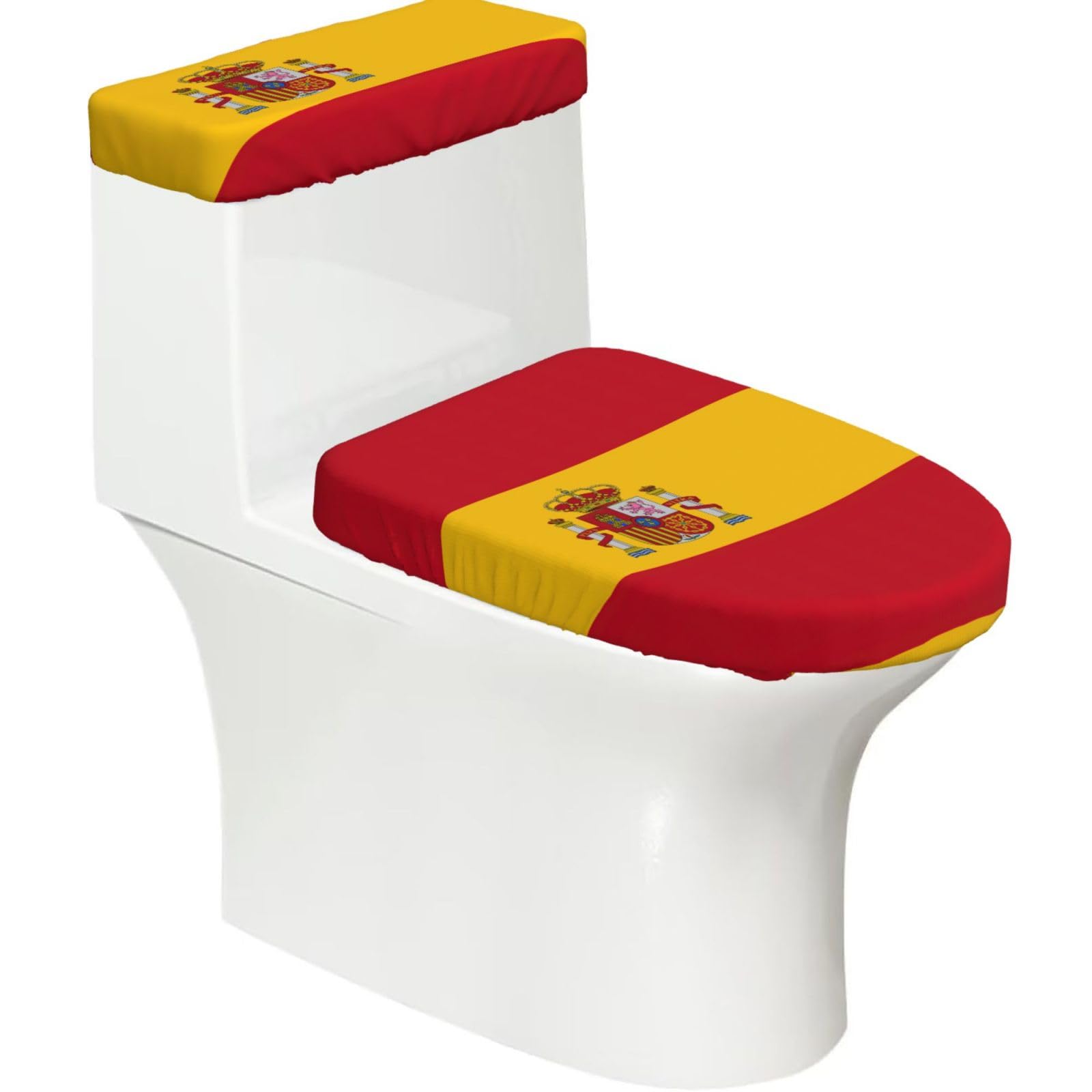 Spanish Flag Print Toilet Lid Cover And Tank Lid Cover For Bathroom With Elastic Bottom, Bathroom Decoration