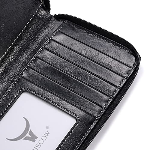 Image of HISCOW Leather Checkbook Cover, Zippered Wallet, Antiqued Black | Full grain cowhide, 5cc & ID window, personal check book & register pockets, removable duplicate divider, women secure zipper