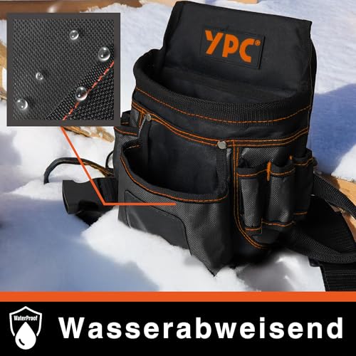 YPC Presto Werkzeug Gürteltasche XL – Werkzeuggürtel, Arbeitsgürtel, wasserfeste Werkzeugtasche mit Hammerschlaufe, reißfester Nylongürtel, 12 Taschen, Schwarz, 27x21x13cm – 5 kg Tragkraft