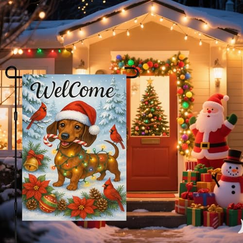 Image of BlissYard Christmas Garden Flag 12x18 Inch Welcome Dachshund Dog Outdoor Flag Double Sided Holiday Yard Banner with Santa Hat Lights Candy Cane and Red Bird for Porch Lawn Patio
