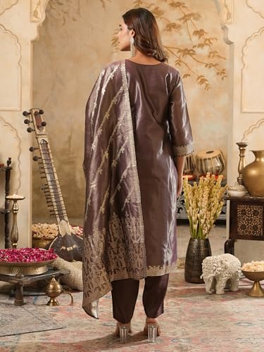 Image of INDO ERA Women's Purple Silk Blend Woven Design Straight Kurta and Pant with Dupatta Set (IESTR5599)