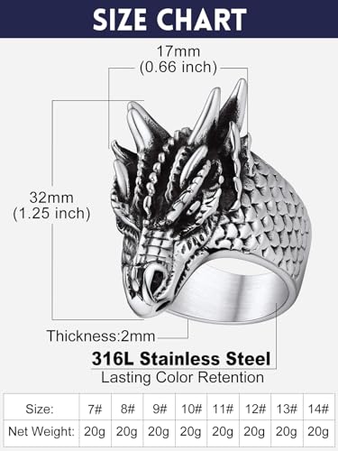 Image of Bandmax Mens Dragon Ring Size 10 Retro Style Stainless Steel Biker Rings for Men Big Animal Ring Chunky Punk Thumb Ring for Boyfriend Husband