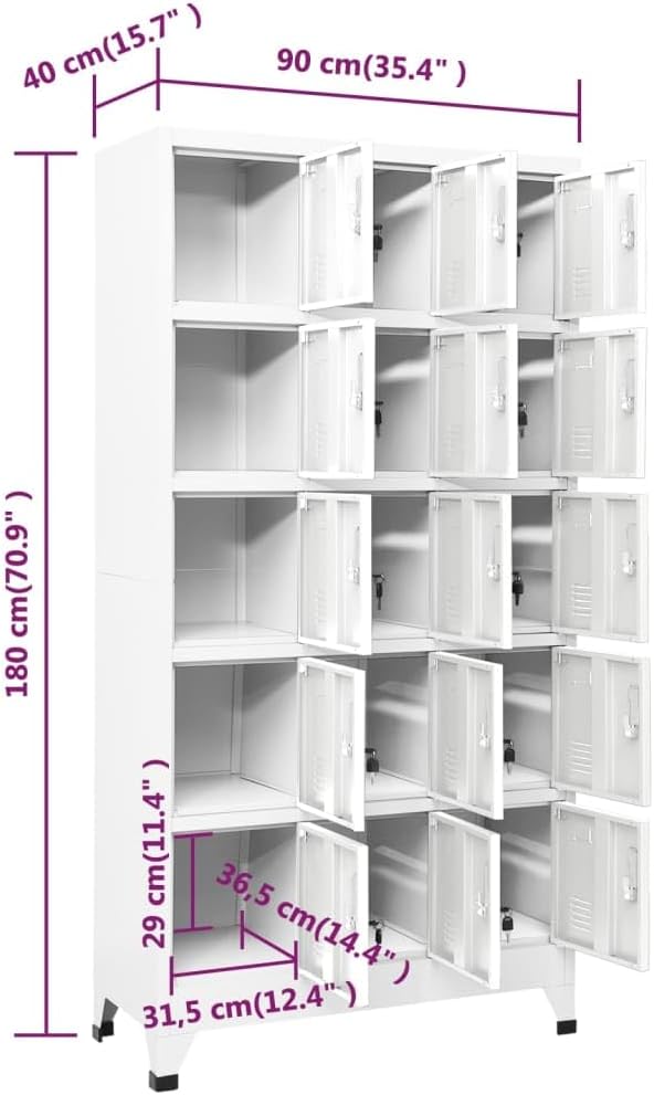 Diagram showing the dimensions of the vidaXL locker cabinet: 90 cm width, 40 cm depth, 180 cm height. Individual compartment dimensions are also shown.