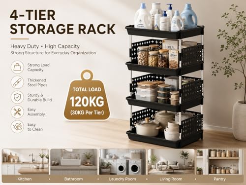 Image of KITCHIVO Multipurpose Storage Rack Organizer with Stainless Steel Pipes | Heavy Duty Plastic Shelf Stand for Kitchen, Bathroom, Laundry & Pantry (Black, 4 Layer)