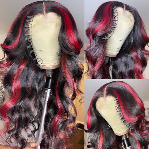 WKIPYCPK Red Highlight Lace Front Synthetic Wig Black Hair with Red Skunk Stripe 13x4 HD Lace Front Wigs Pre Plucked Heat Resistant 24 Inch Long Body Wave Wig for Fashion Women