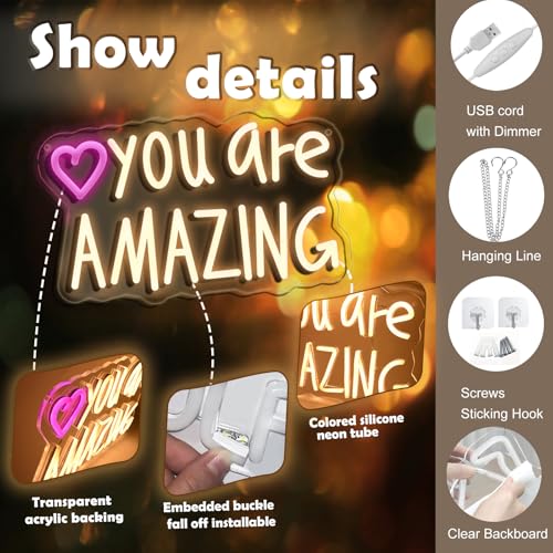 Image of You Are Amazing Neon Sign,Classroom Teen Room Wall decorations | Silicone Light Strips, Acrylic Sheets,USB Interface,Size: 13.6 in* 8.4 in,Wall Decorations in Classrooms and Teengirls' Rooms