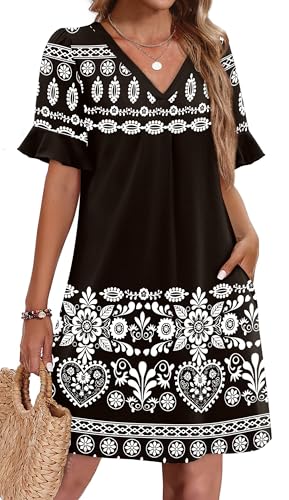 Image of OFEEFAN Summer Dresses for Women Ruffle Short Sleeve V Neck Casual Shift Dress with Pockets