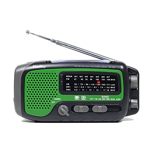 Kaito KA350GN Voyager Trek Solar/Crank AM/FM/SW NOAA Weather Radio with 5-LED Flashlight, Green
