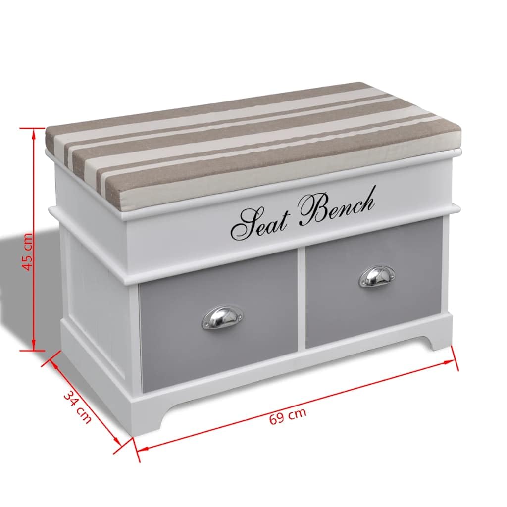Banco con cojines y dos cajones, 69 x 34 x 45 cm, de madera de paulownia, práctico banco de almacenamiento para pasillo, dormitorio, habitación infantil, versátil, duradero, blanco