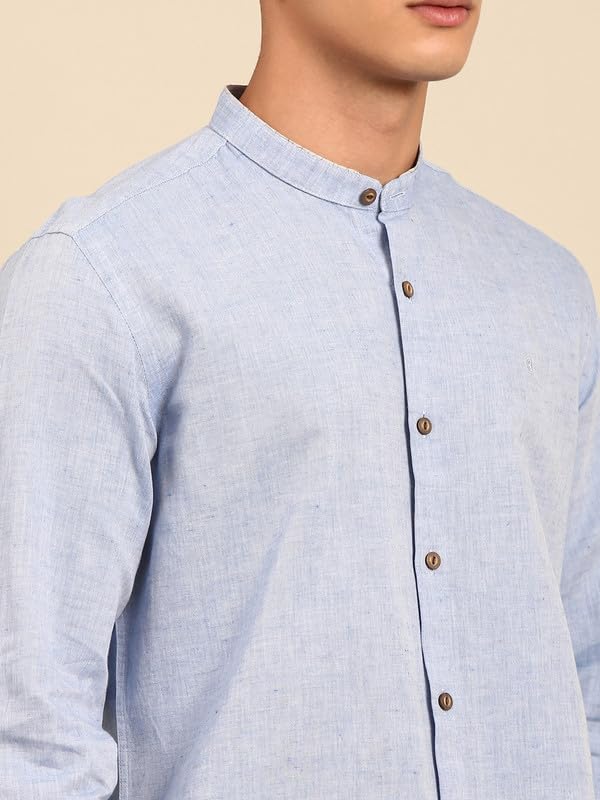Image of Cavallo by Linen Club Men's Blended Linen Blue Solid Contemporary Fit Full Sleeve Casual Shirt