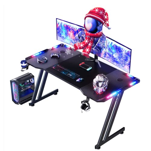 LED Gaming Desk 47 Inch Ergonomic Gamer Workstation Gamer Table Carbon Fibre Surface Large Compuster Desk with Cup Holder & Hedphone Hook Black LED Gaming Desk 47 Inch Ergonomic Gamer Workstation Gamer Table Carbon Fibre Surface Large Compuster Desk with Cup Holder & Hedphone Hook Black