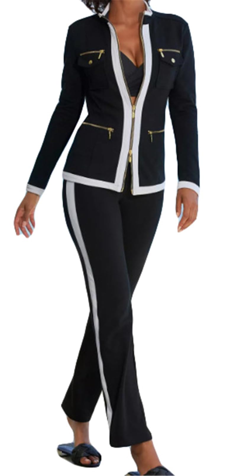 Womens Sexy 2 Pieces Colorblock Blazer Zipper Jackets Bodycon Pants Party Clubwear Tracksuit Outfits Set