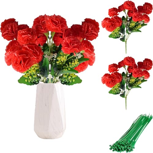 ZenyTra 24 têtes d'œillets rouges artificiels, 2 touffes avec tiges de 36 cm et 10 ficelles, fleurs en soie de qualité supérieure résistantes aux UV pour...
