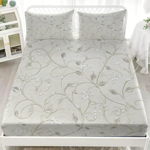 De Color Claro Sábana Bajera Ajustable 160x200x30cm, Transpirable Tacto Suave Sábana, PatróN Rizado Europeo Sábana Bajera Alta Comodidad Juego De Cama para Cama Matrimonial