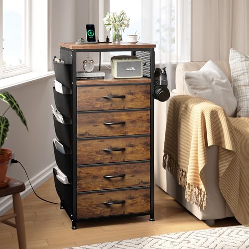 Image of EnHomee Night Stand with 5 Drawers, Dresser with Charging Station and LED Light, Tall Nightstand with Extra Side Bag & Hooks, Bedroom, Closet, Hallway, Entryway, Rustic Brown