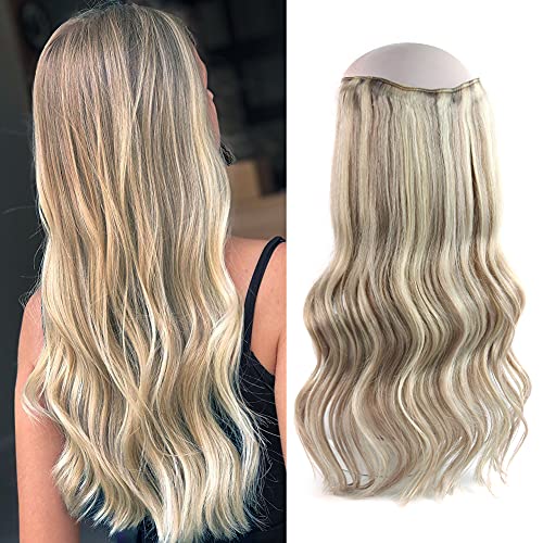 Oreola Halo Hair Extensions, Real Wire Hair Extensions with Invisible Miracle Wire, Highlighted Ash Blonde with Bleach Blonde #P18/613,20 Inch