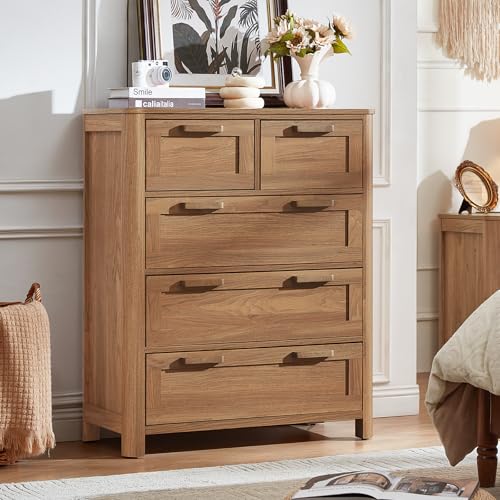 Image of Joaxswe Farmhouse 5 Drawer Dresser for Bedroom, Vertical Dressers Chest of Drawers with 5 Deep Drawers & 4 Thickened Table Legs & Rounded Corners, Brown