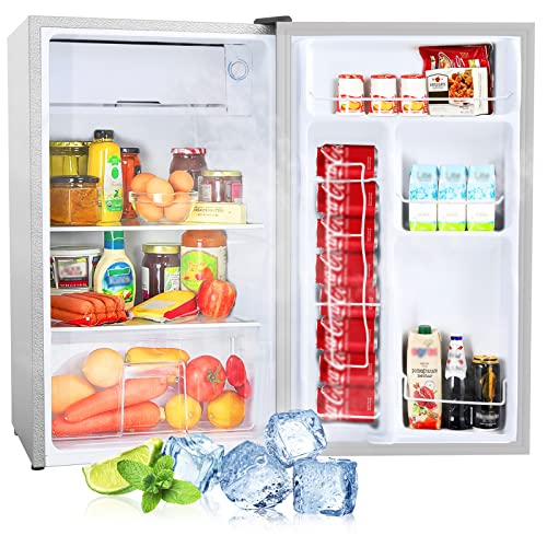 3.2 Cu.Ft Compact Freezer Refrigerator with Reversible Doors, Freestanding Energy Saving mini Fridge, 5 Settings Temperature Adjustable, 37dB Quiet, for Dorm Office Apartment Bar Kitchen, Silver