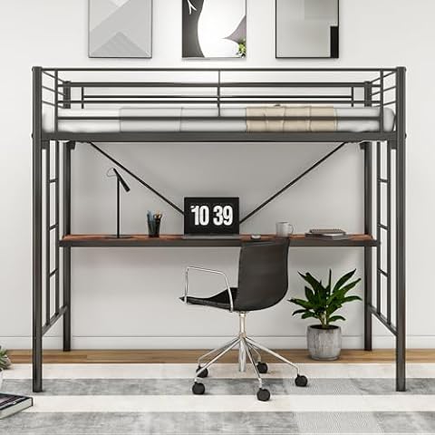 HOMERECOMMEND Loft Bed Twin Size with Stairs, Metal Loft Bunk Bed with Safety Guard Rails & Flat Ladder Rung for Kids Teens Student Dormitory, Black Cover