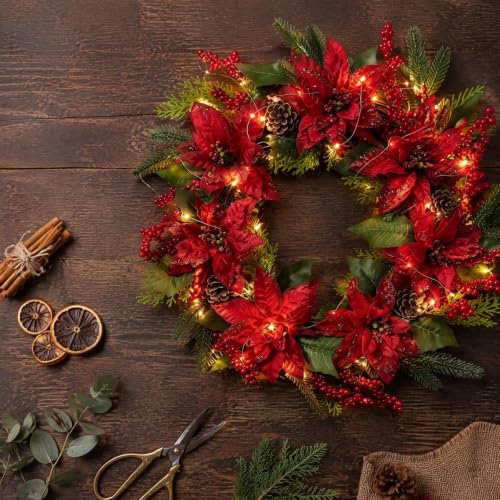 Christmas Wreath with Lights 15.7 Inch Real Touch Red Poinsettia Wreath - image 5