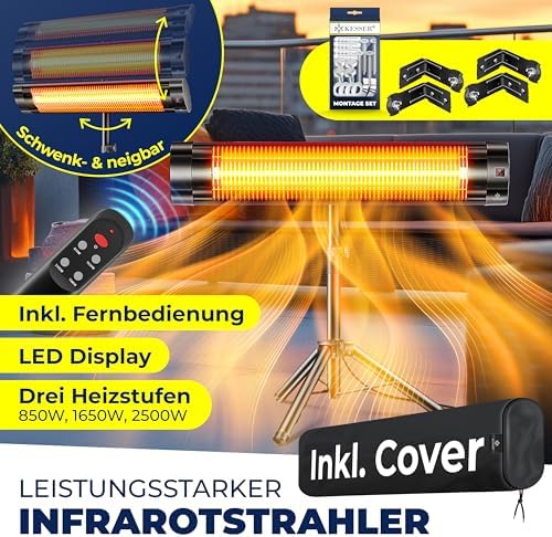 Bild 1 - KESSER® Infrarotstrahler Heizstrahler Terrassenstrahler 2500W mit Fernbedienung inkl. Schutzhülle höhenverstellbarem Teleskopstativ Wickeltischstrahler Terrassenheizer Quarzstrahler Infrarot
