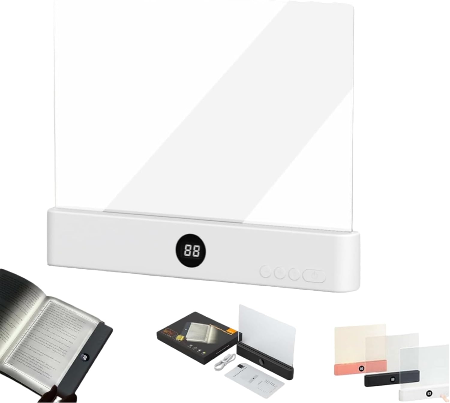 Smart LED Book Reading Lamp, Portable Ultra Thin Flat Book Lamp, Rechargeable Eye-Care 3 Color Temperatures, Stepless Brightness Control, Countdown Timer, for Bed Reading at Night (White)