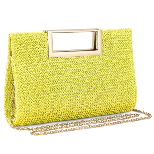 Image of Women's Straw Raffia Clutch Purse, Top Handle Woven Handbag with Crossbody Strap, Summer Beach Shoulder Bag