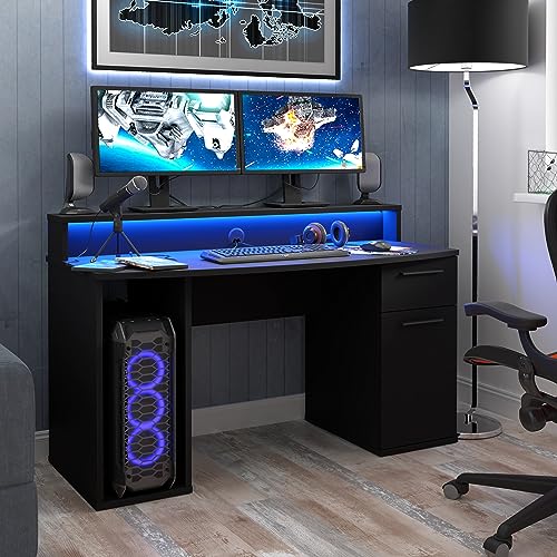 Forte Tezaur Gaming Schreibtisch mit 1 Tür und 1 Schublade inkl. RGB-Beleuchtung, Holzwerkstoff, Mattschwarz, B x H x T: 140 x 91 x 65 cm