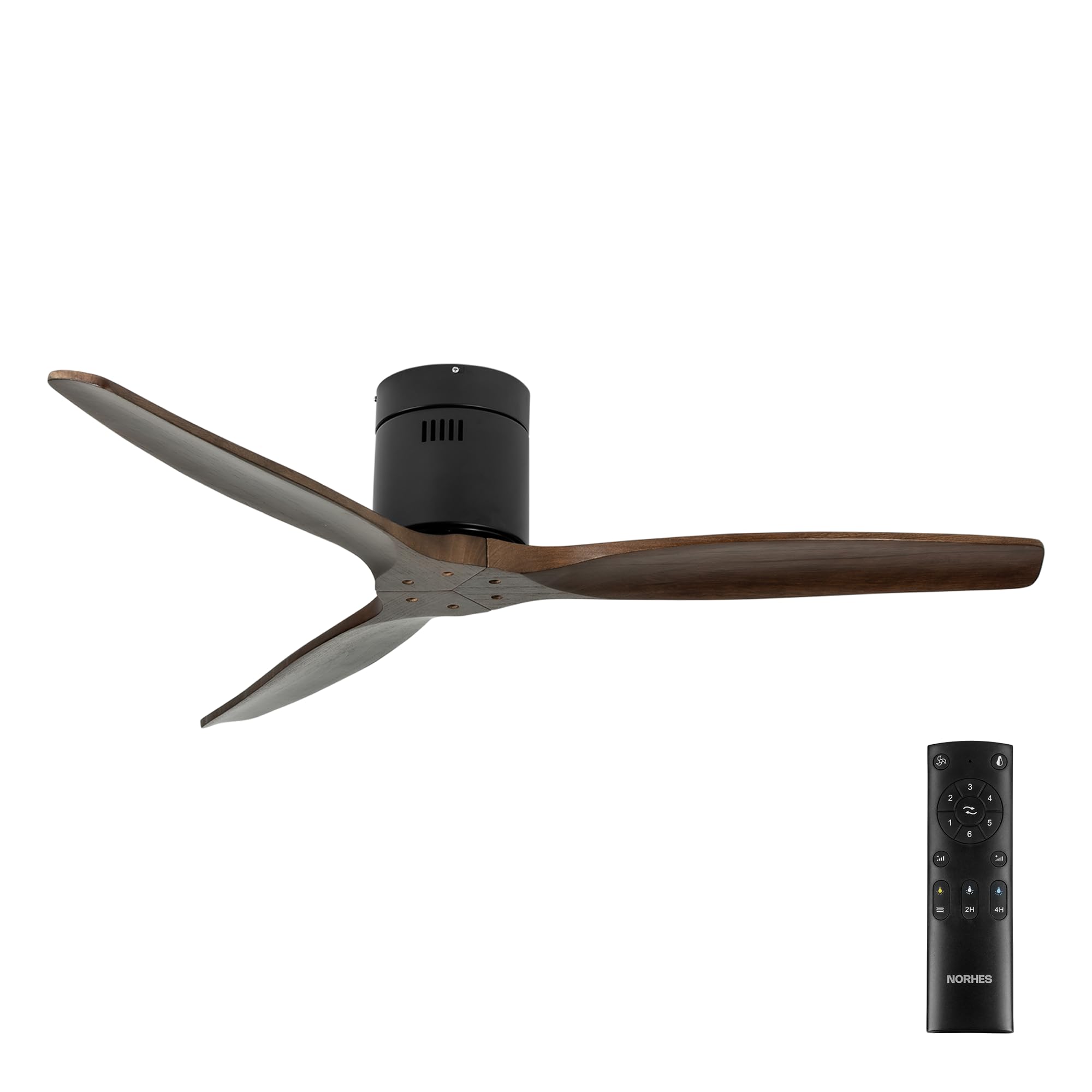 Kent Ventilador Techo Sin Luz Negro/Madera Oscura. 3 Aspas Ø132cm. Motor DC. Verano/Invierno. 6 Velocidades. Control Remoto Temporizador. Bajo Consumo Silencioso. Brisa Natural