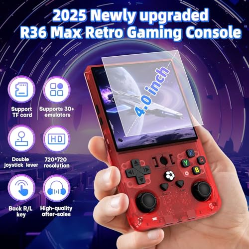 Image of R36MAX Retro Handheld Game Console, 4.0 inch Retro Gaming Console with 64GB Memory, Portable Retro Video Games Console, 4000mAh Battery, Support 30+ Emulators, Transparent Red