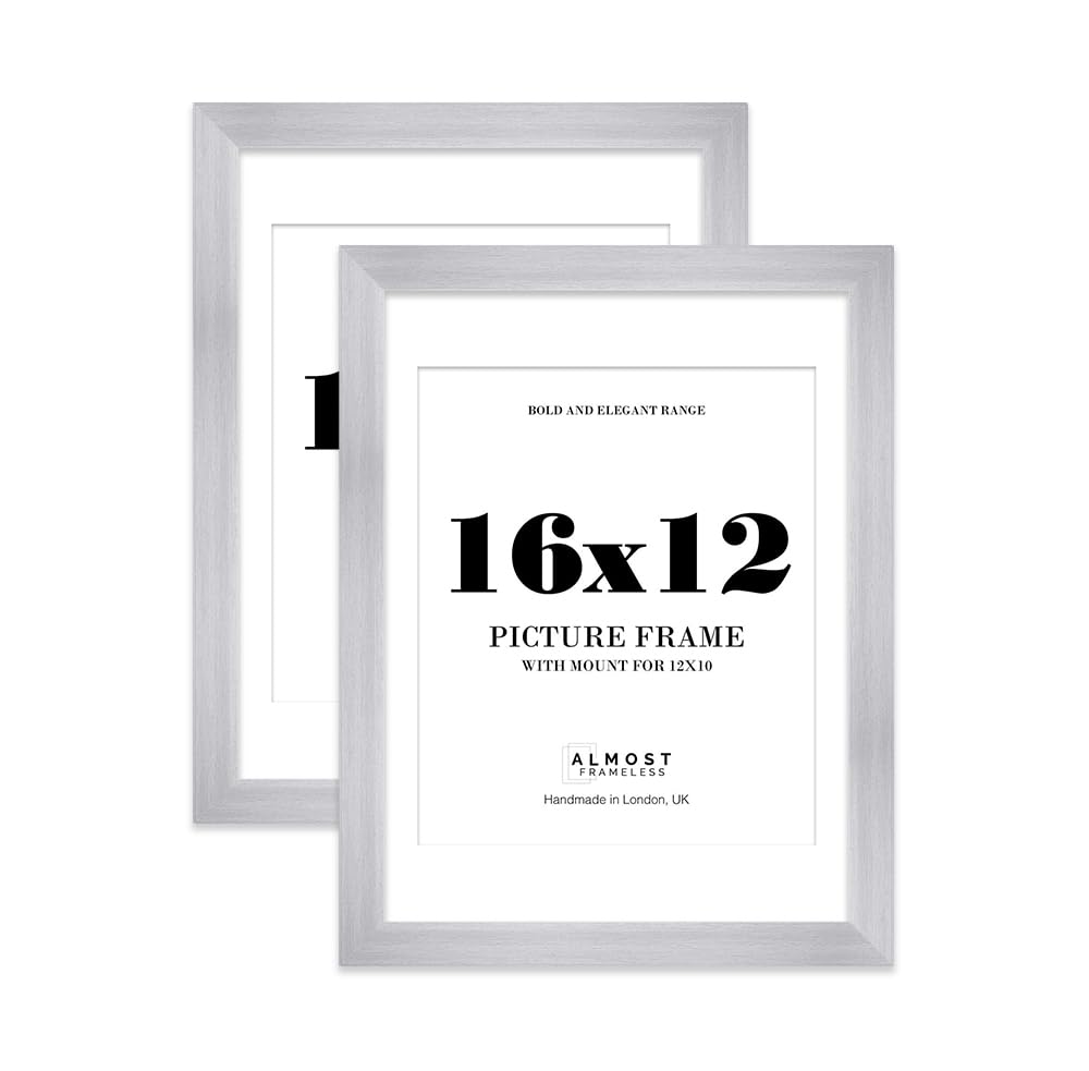 16x12" Silver Frame With Mount for 12x10" Pictures 28mm Edge Portrait and Landscape Display with Wall Hooks, 2 Pack