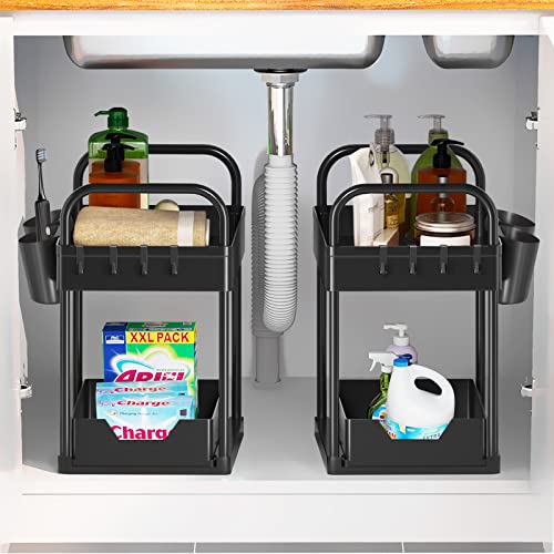 Gemwon Under Sink Organizer, 2 Tier Sliding Bathroom Organizer Cabinet Storage With Hooks, Hanging Cups, Handles, Multi-Purpose Under Sink Shelf Organizer For Bathroom Kitchen(2 Pack) #TOP6