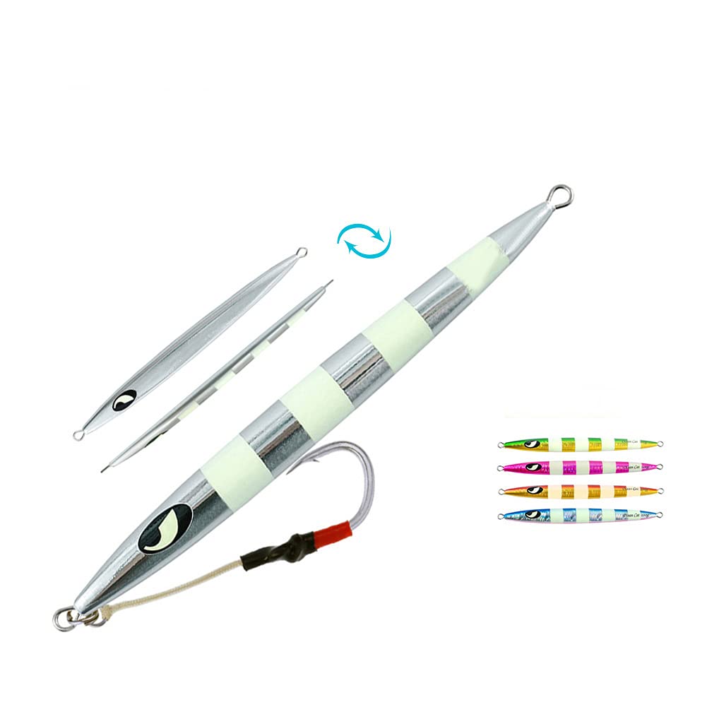 OCEAN CAT Fast Slow Metal Lead Jig Jigging Fishing Lures Glow Saltwater Offshore Fishing Jigs Speed Jigging Slow Jigging Pitching Lures Vertical Jigging Assist Hooks (Silver, 120g)