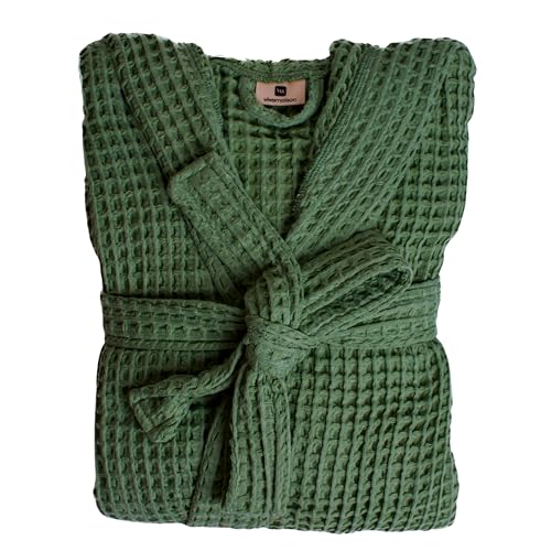 Unisex Hooded Waffle Robe for Women & Men 100% Turkish Cotton | Quick-Dry Bathrobe | Cozy Housecoat for Lounging (XXL Size, Dark Green Robe)
