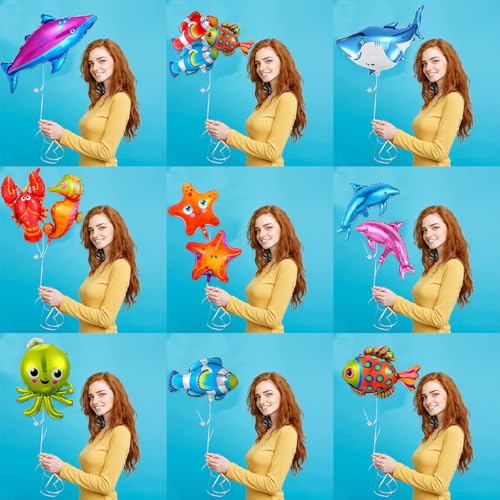 Image of Rozi Decoration Under the Sea Foil Balloons Set - 14 Pcs Ocean Theme Party Decorations | Shark, Dolphin, Octopus, Seahorse, Starfish & Fish Balloons | Birthday, Baby Shower, Kids Pool Party Supplies