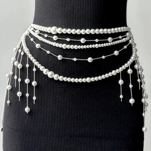 Multilayer Pearl Waist Chain Belt for Women Fashion Adjustable Big Pearls Belt Chain Pearls Tassel Belly Body Chain Prom Rave Body Accessories Jewelry for Dresses Jeans2