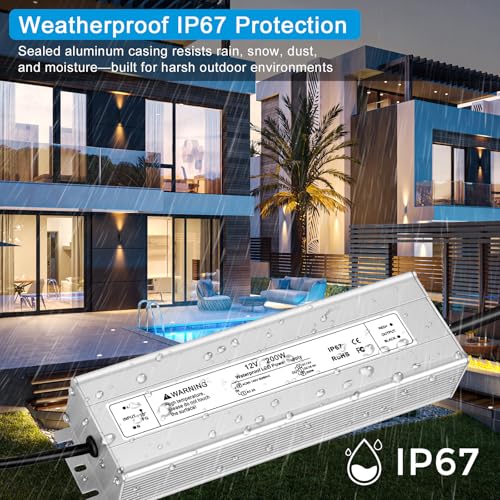 Image of 200W 12V LED Power Supply, IP67 Waterproof LED Driver, AC 110V to DC 12 Volt 16.6A Low Voltage Transformer Converter for Outdoor LED Strip & Landscape Lighting, 3-Prong Plug with 3.3FT Cable