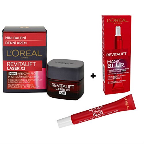 L'Oréal Revitalift Laser X3/Revitalift Magic B.L.U.R. Pack of 2 Products: 1 x Anti-Aging Day Cream with Hyaluronic Acid + 1 x Anti-Aging Eye Treatment + Instant Wrinkle Straightener